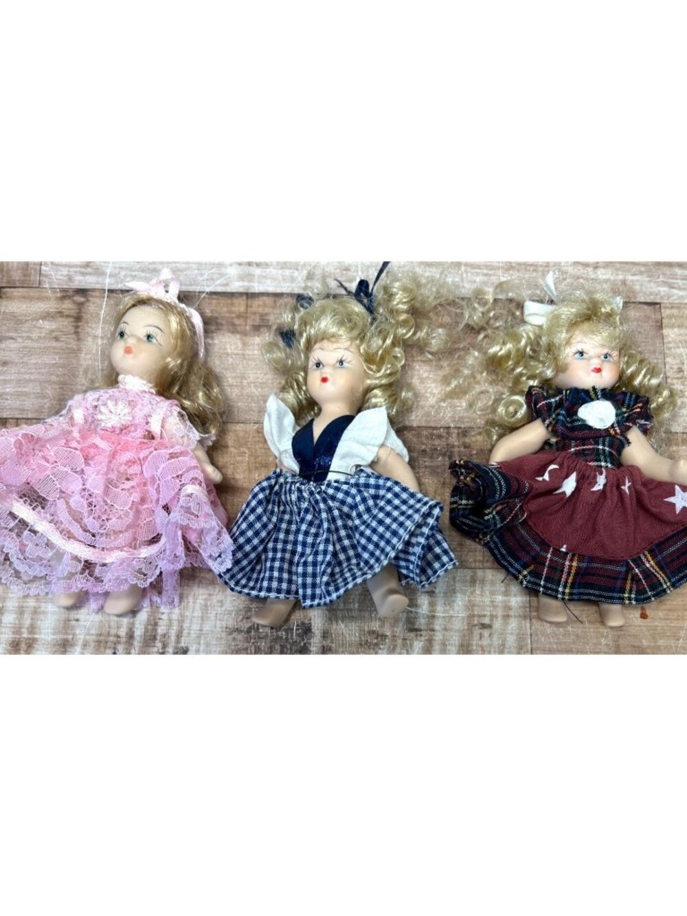 RARE Vtg 3  Porcelain Dolls  Lace Checkered Plaid Dress Jointed With String